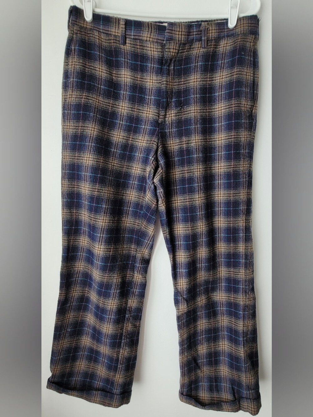 Vintage 1970s/80s Jos. A. Bank Men Navy and Tan Wool Plaid Trouser Size OS